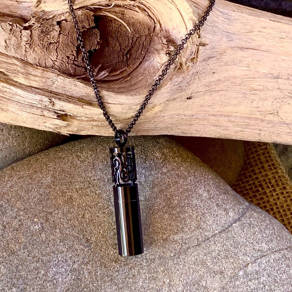 Anti-anxiety Aromatherapy Gunmetal Cylinder Pendant - Picture 1 of 2